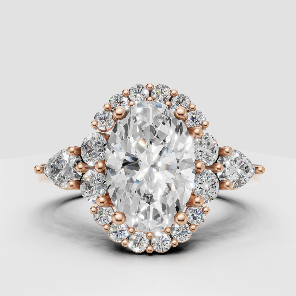 Oval canter diamond ring surrounded by a sparkling round stone halo