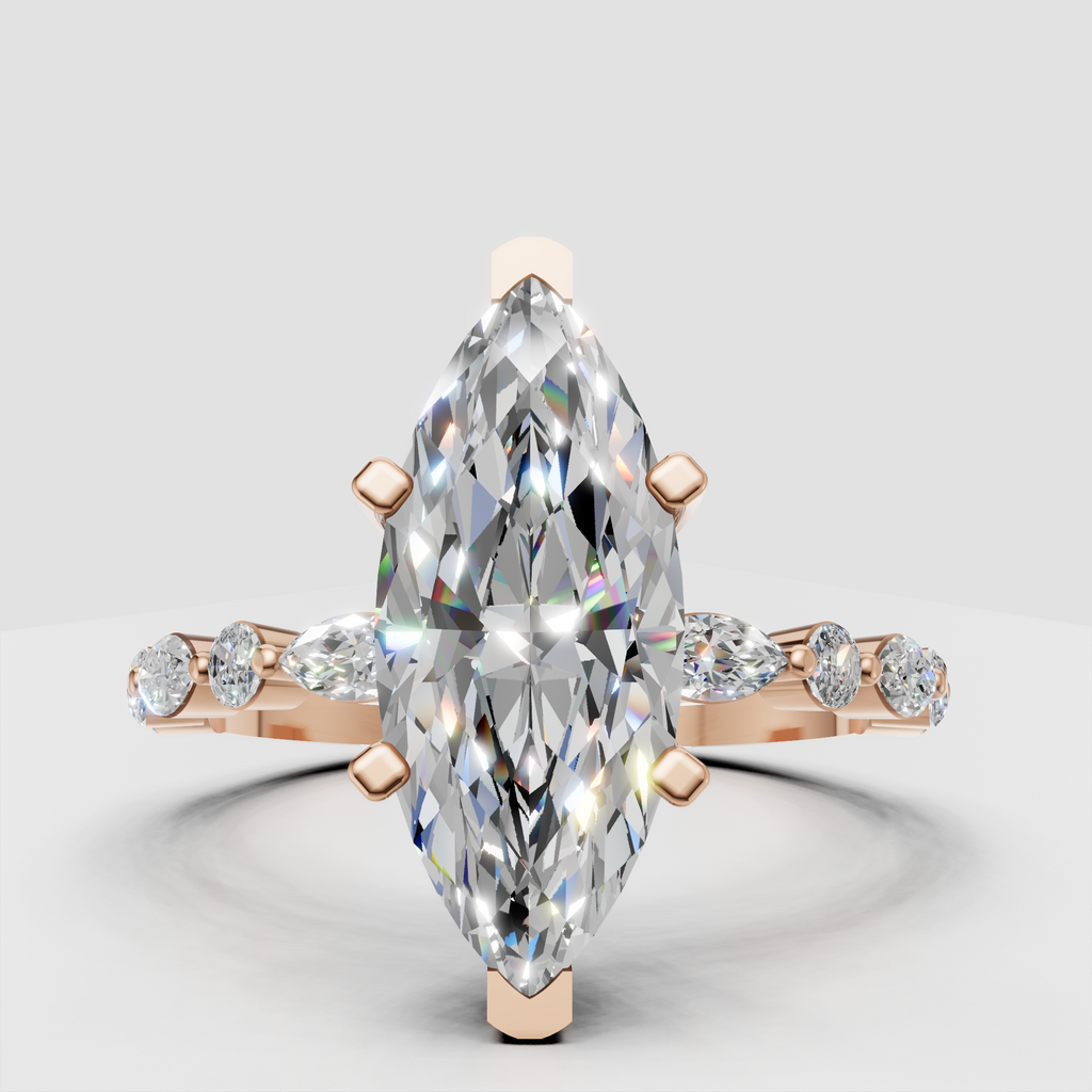 Marquise diamond solitaire ring showcasing elongated center stone and side accents.