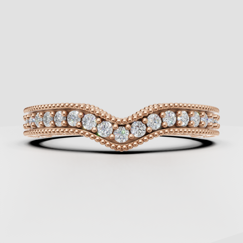 Round diamond wedding band featuring intricate floral motifs