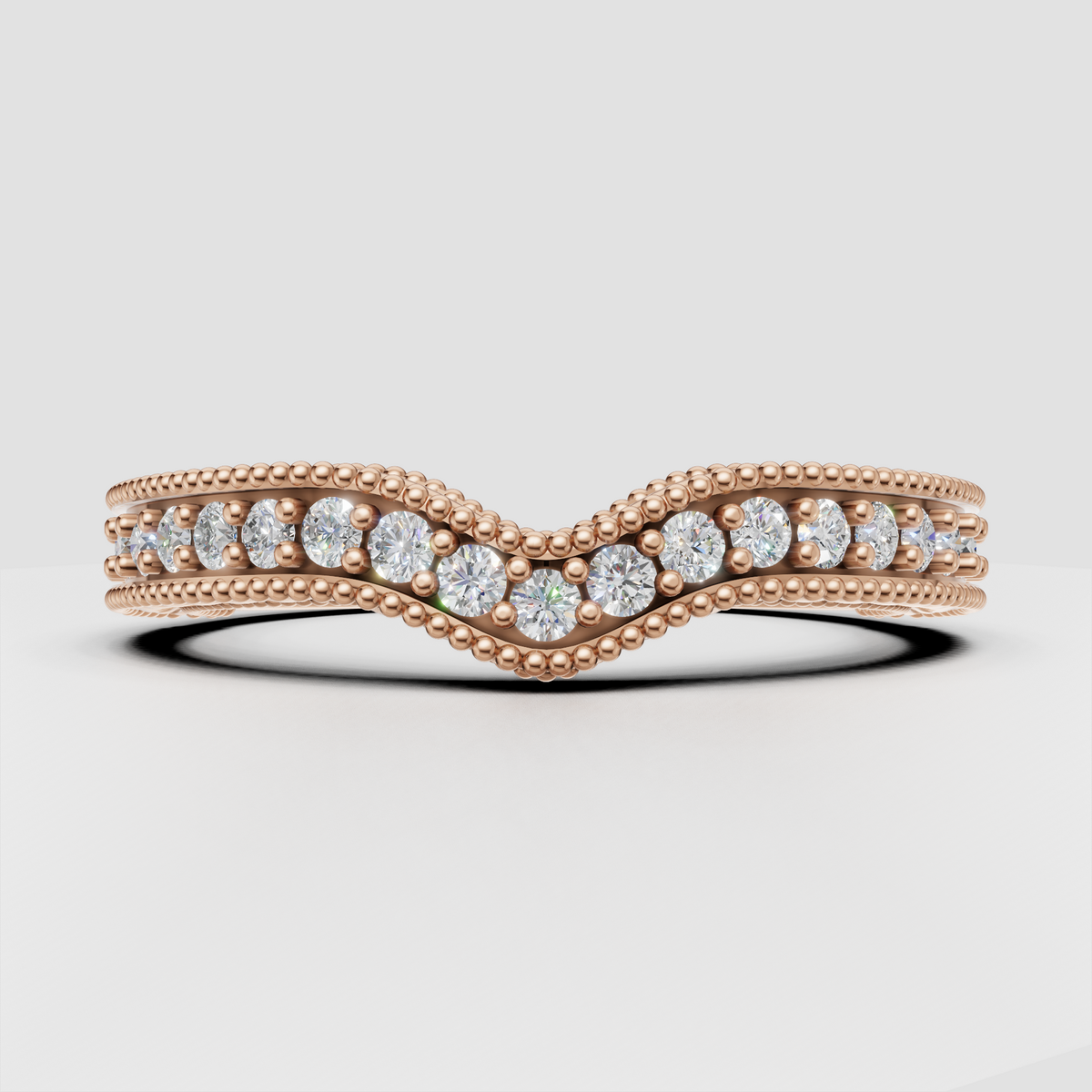 Round diamond wedding band featuring intricate floral motifs