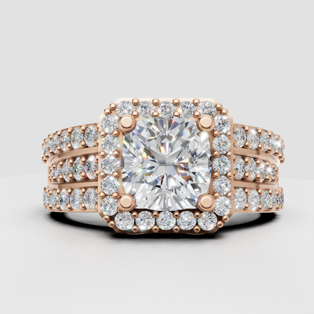 Cushion diamond halo ring with four-prong canter setting