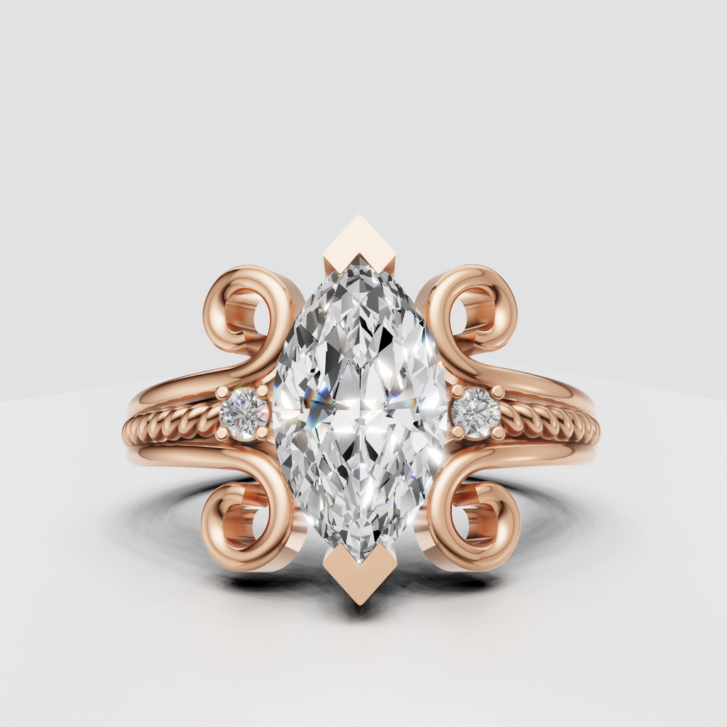 Ornate marquise diamond ring with polished gold band