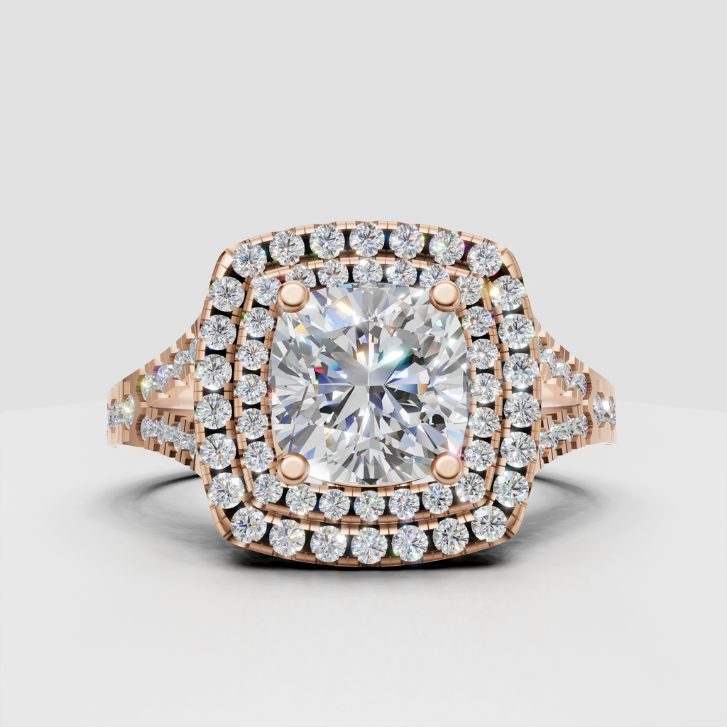 Glamorous cushion diamond engagement ring with pave band