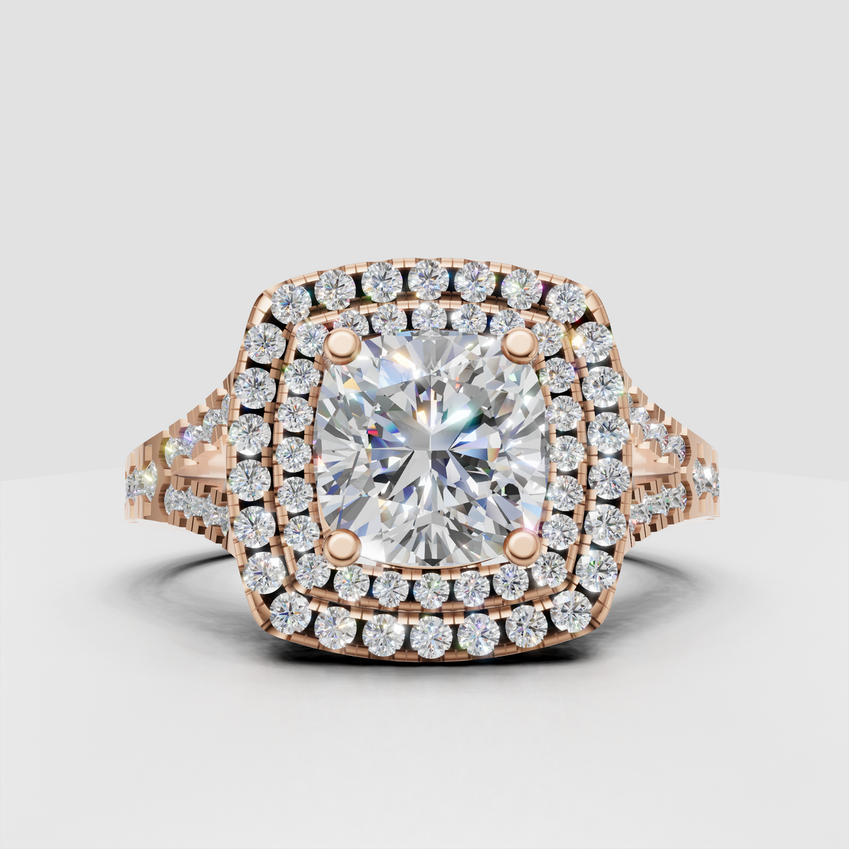 Glamorous cushion diamond engagement ring with pave band