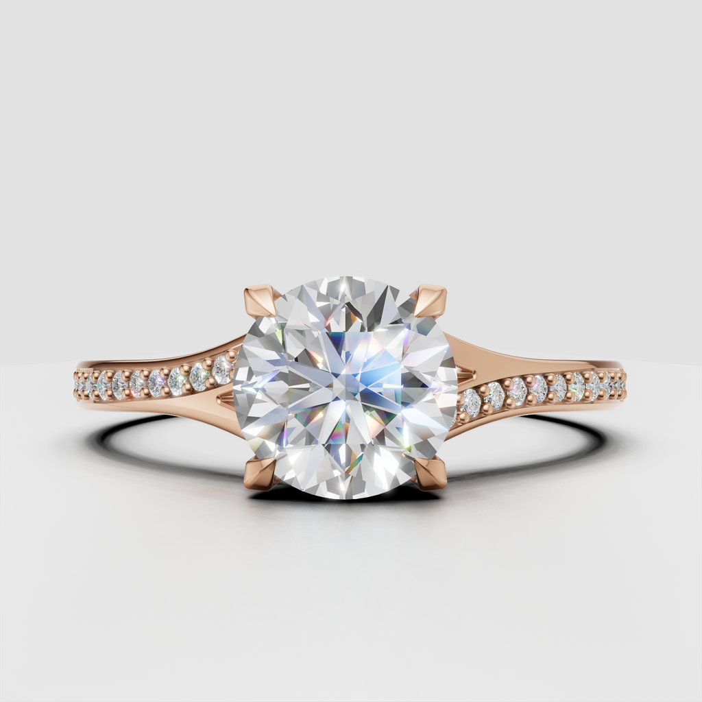 Round canter stone engagement ring with sparkling band accents