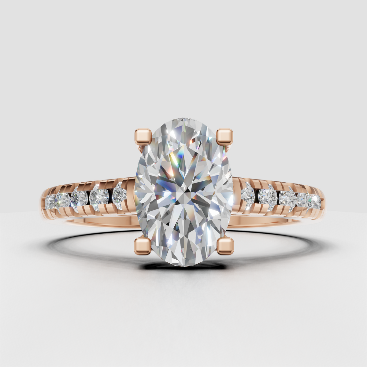 Side profile of oval diamond solitaire engagement ring in gold