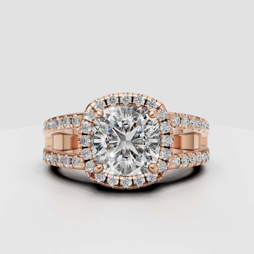 Pave cushion diamond halo ring in gold