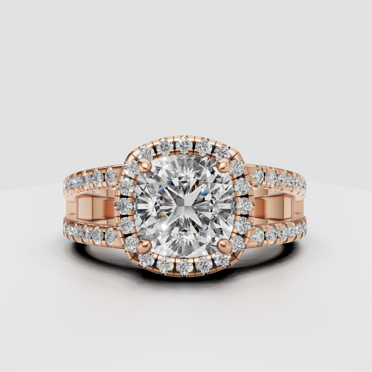 Pave cushion diamond halo ring in gold