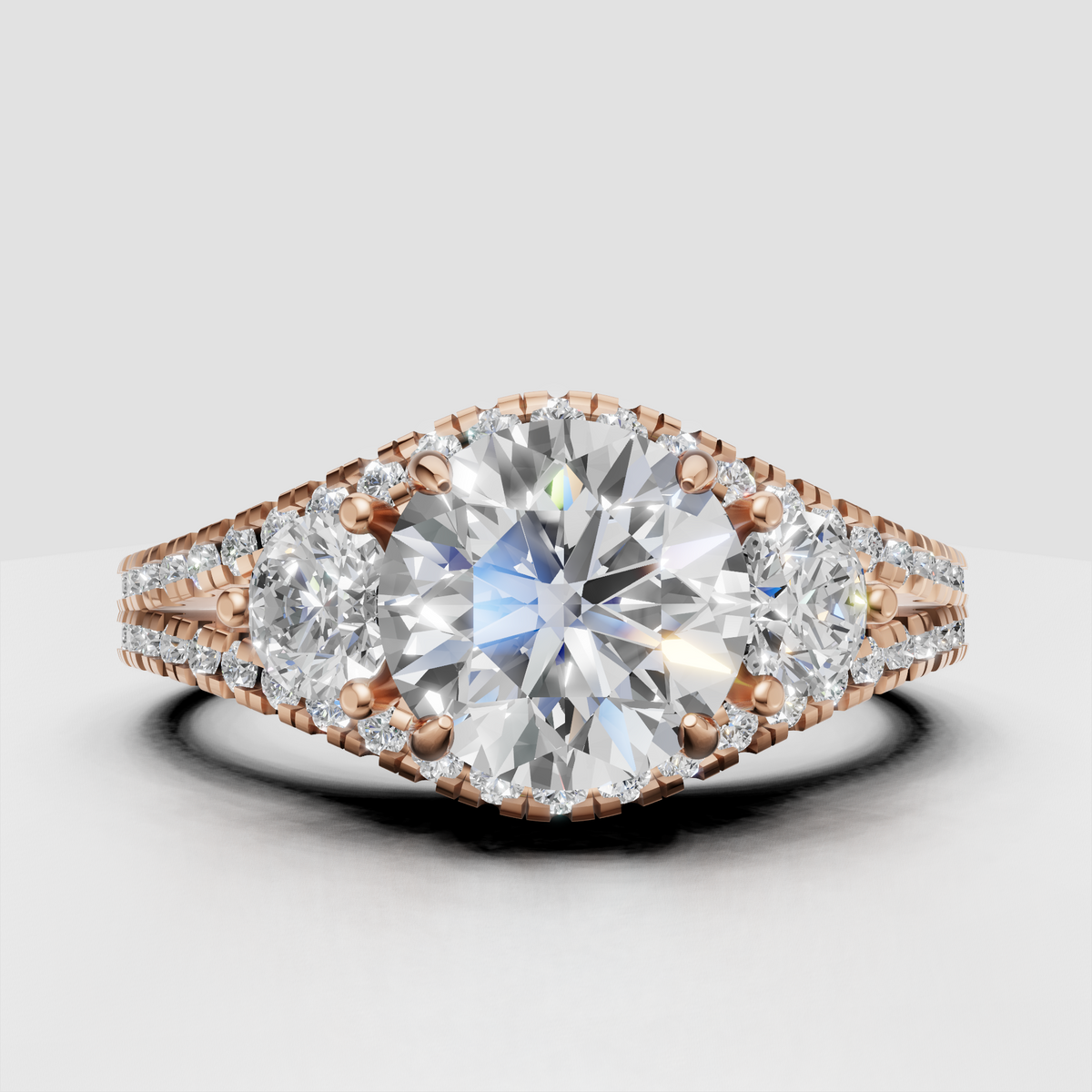 Round diamond ring with intricate pavé split shank