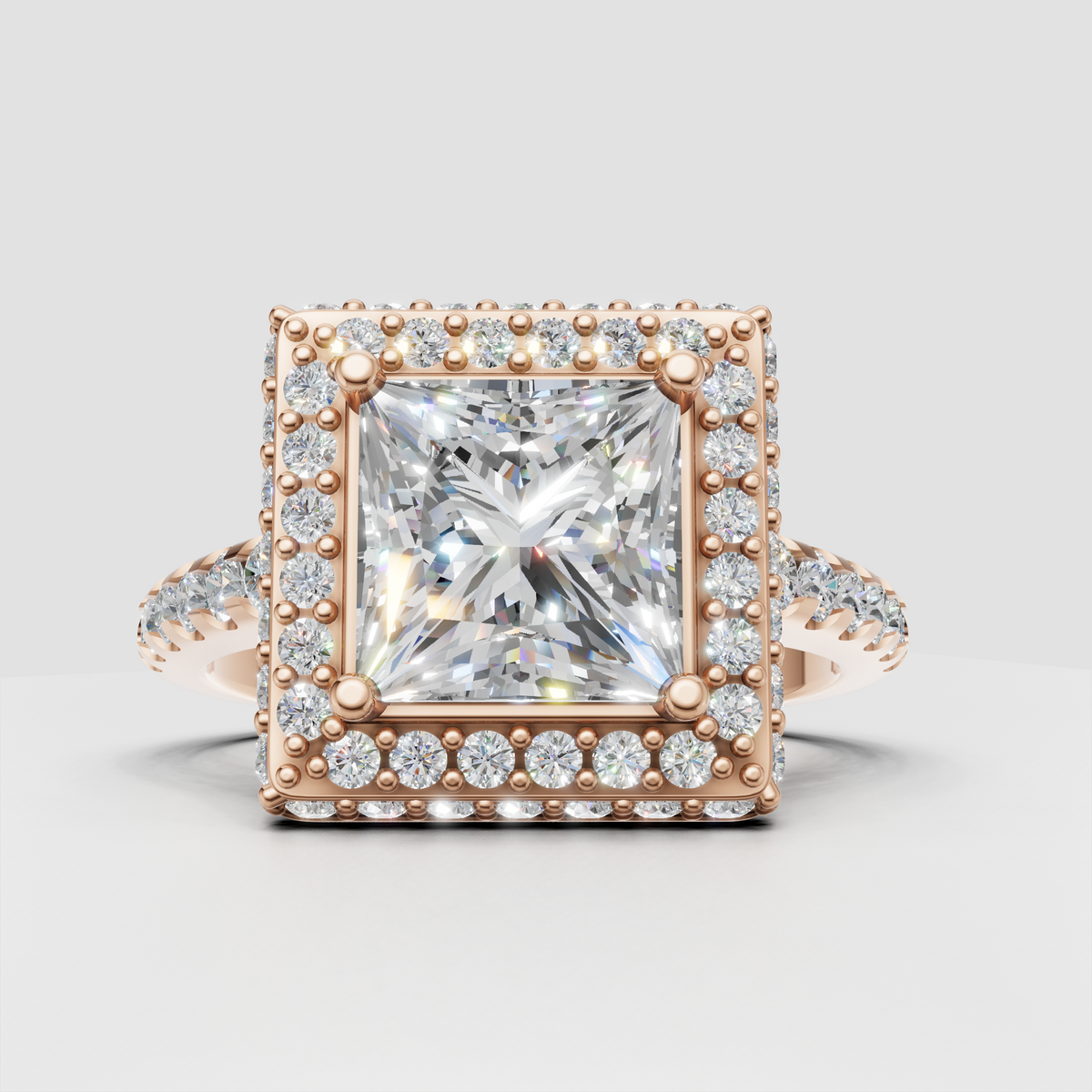 Double halo diamond ring with polished precious metal band