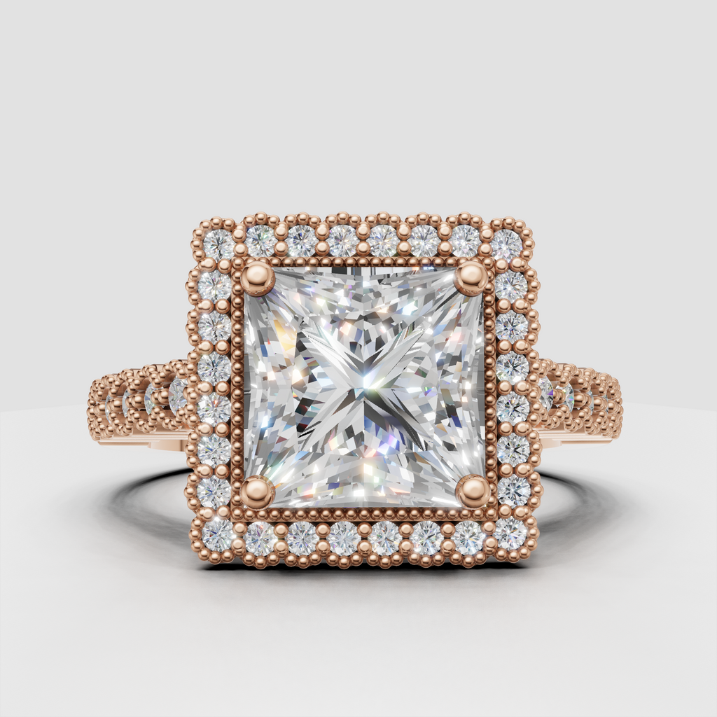 Princess-shaped diamond engagement ring with beaded halo and sparkling side stones