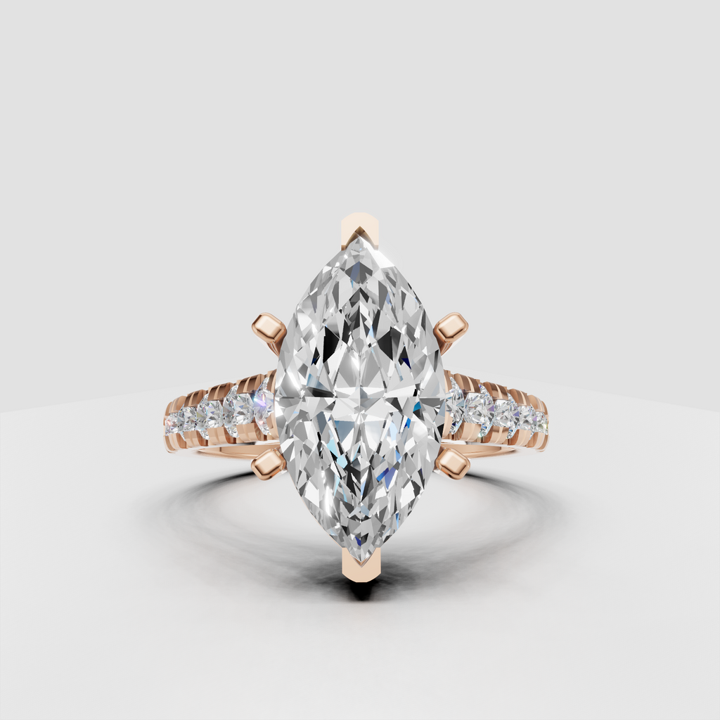 Marquise shaped center diamond secured by prongs with pavé side stones