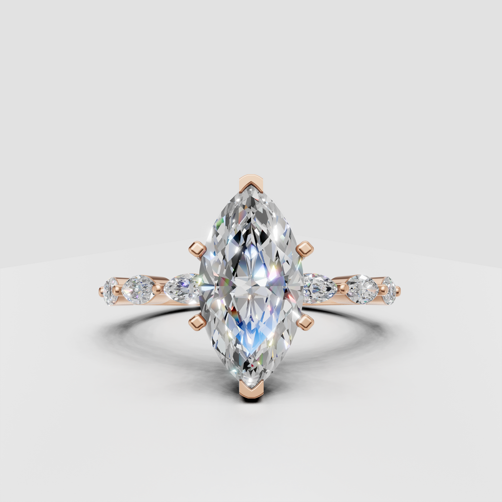 Side view of marquise cut diamond cathedral engagement ring
