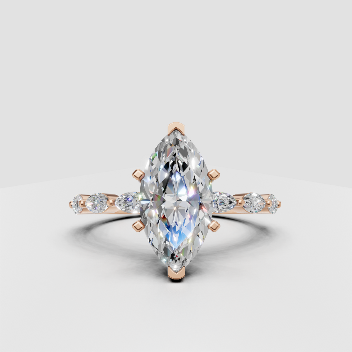 Side view of marquise cut diamond cathedral engagement ring