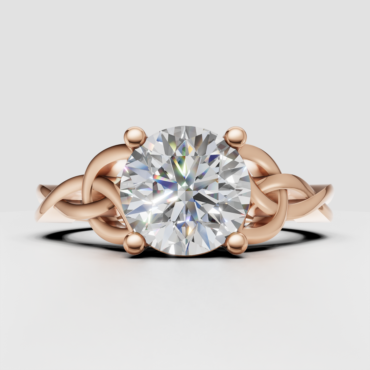Elegant round diamond bridal ring with ornate crossover shoulders