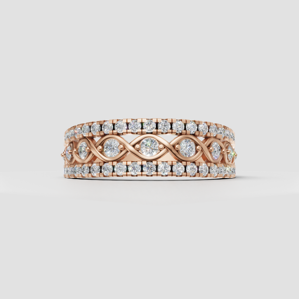 Yellow gold ring with round diamonds and elegant infinity pattern