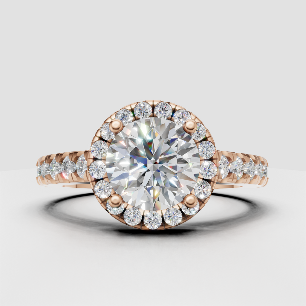 Round diamond ring with sparkling halo and pavé shoulders