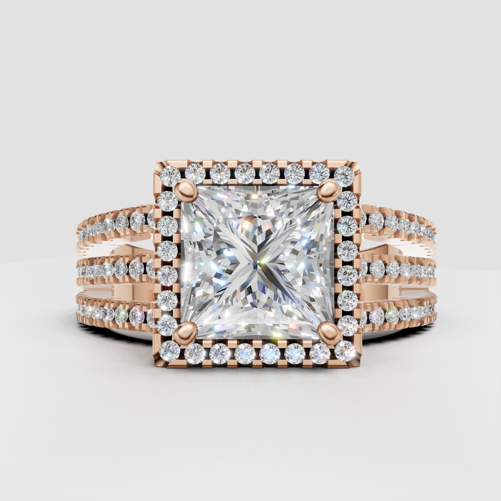Square diamond engagement ring with halo and pavé band