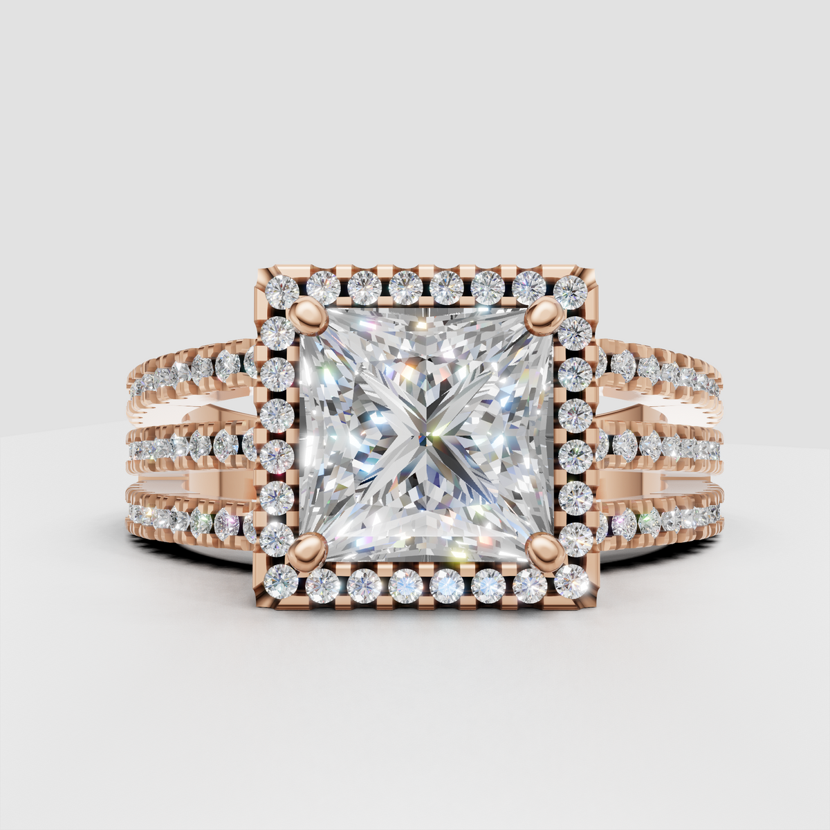 Square diamond engagement ring with halo and pavé band