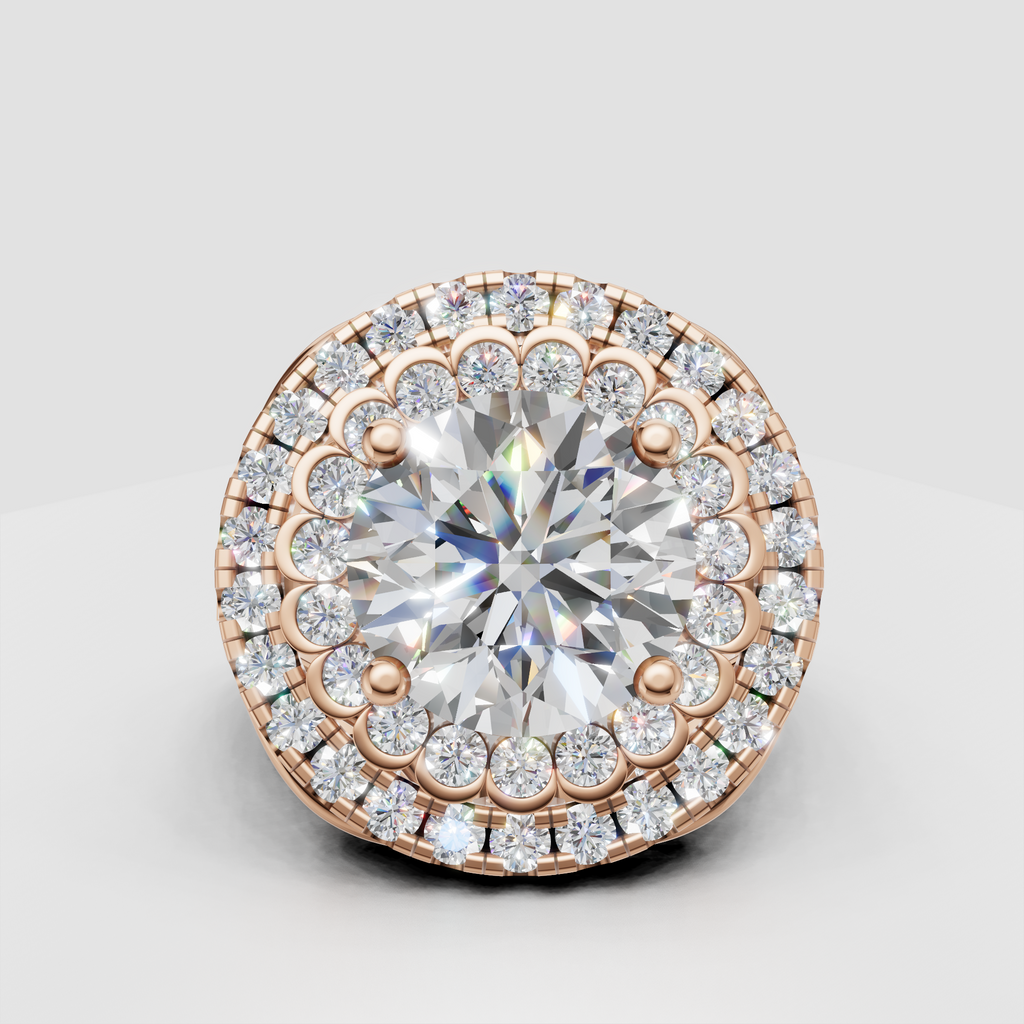 Ornate double halo engagement ring with round diamond center stone