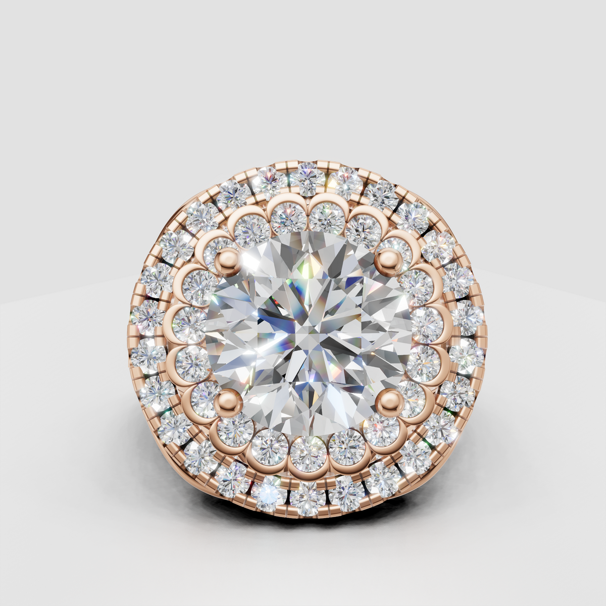 Ornate double halo engagement ring with round diamond center stone