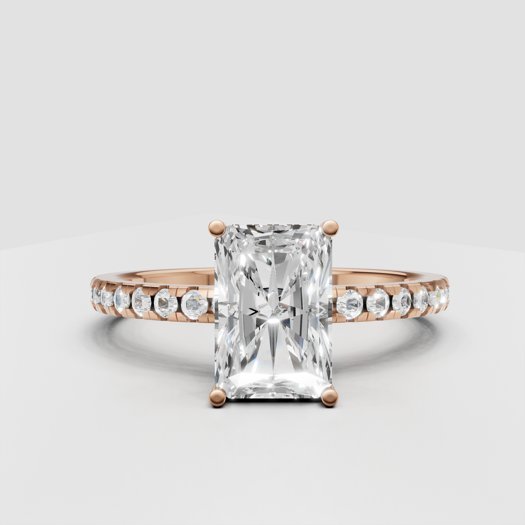 Elegant radiant diamond ring with pavé set band