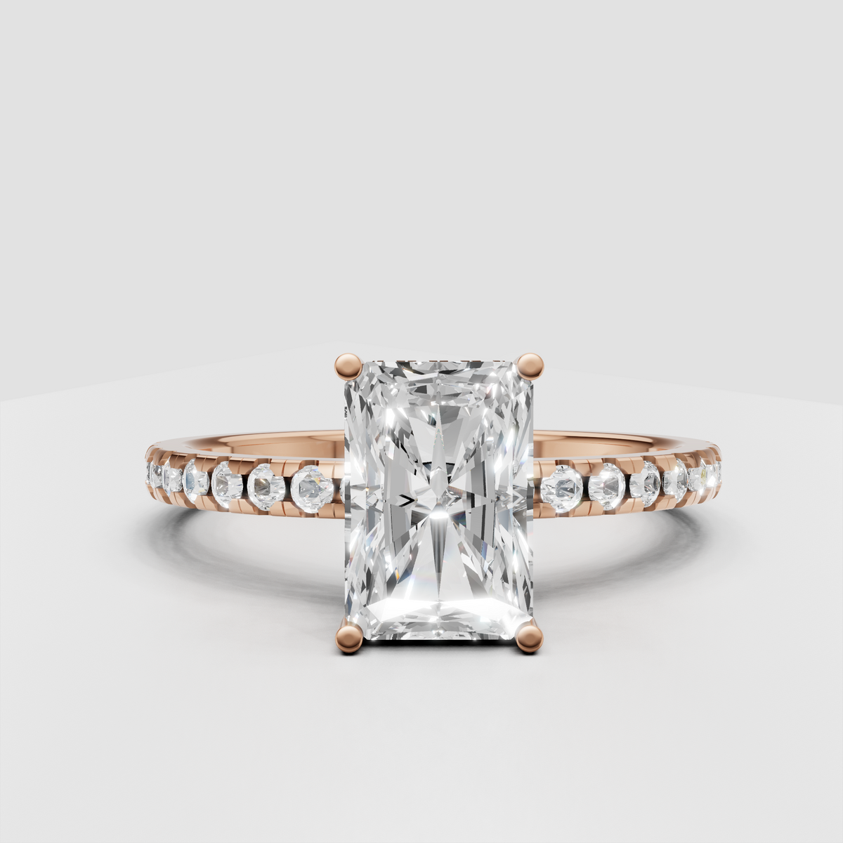 Elegant radiant diamond ring with pavé set band