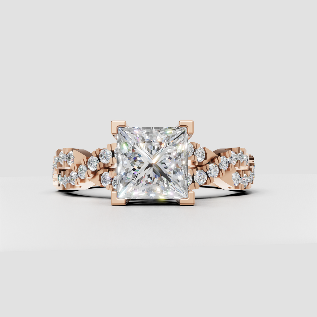 Sophisticated princess diamond ring with crisscross band and round accent stones