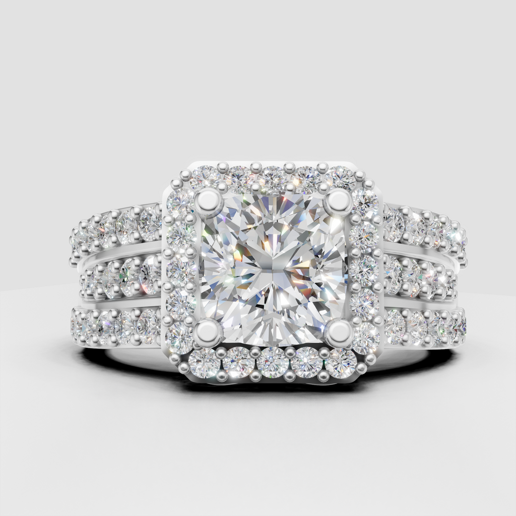 Cushion halo diamond ring with multiple pave rows