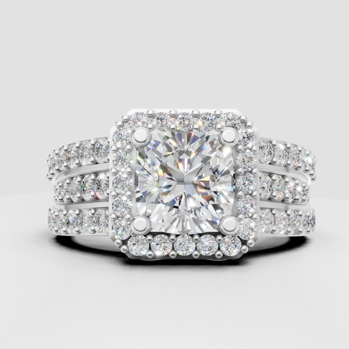 Cushion halo diamond ring with multiple pave rows