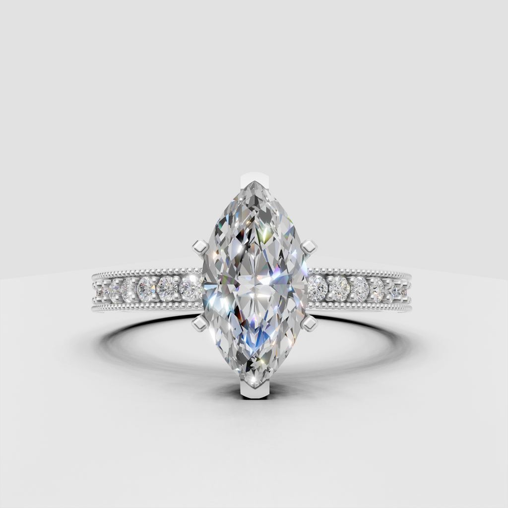 Marquise shaped diamond ring with elegant prong setting and milgrain