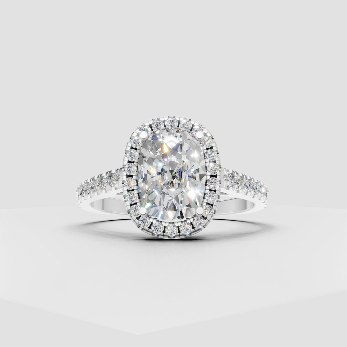 Luxury elongated cushion cut diamond engagement ring with pavé halo setting
