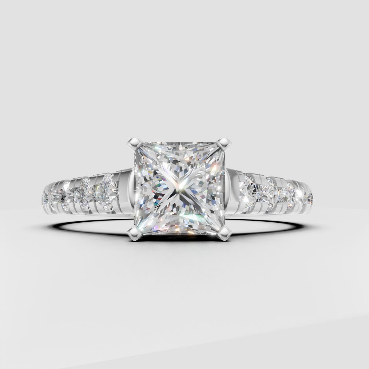 Elegant square diamond engagement ring with cathedral profile