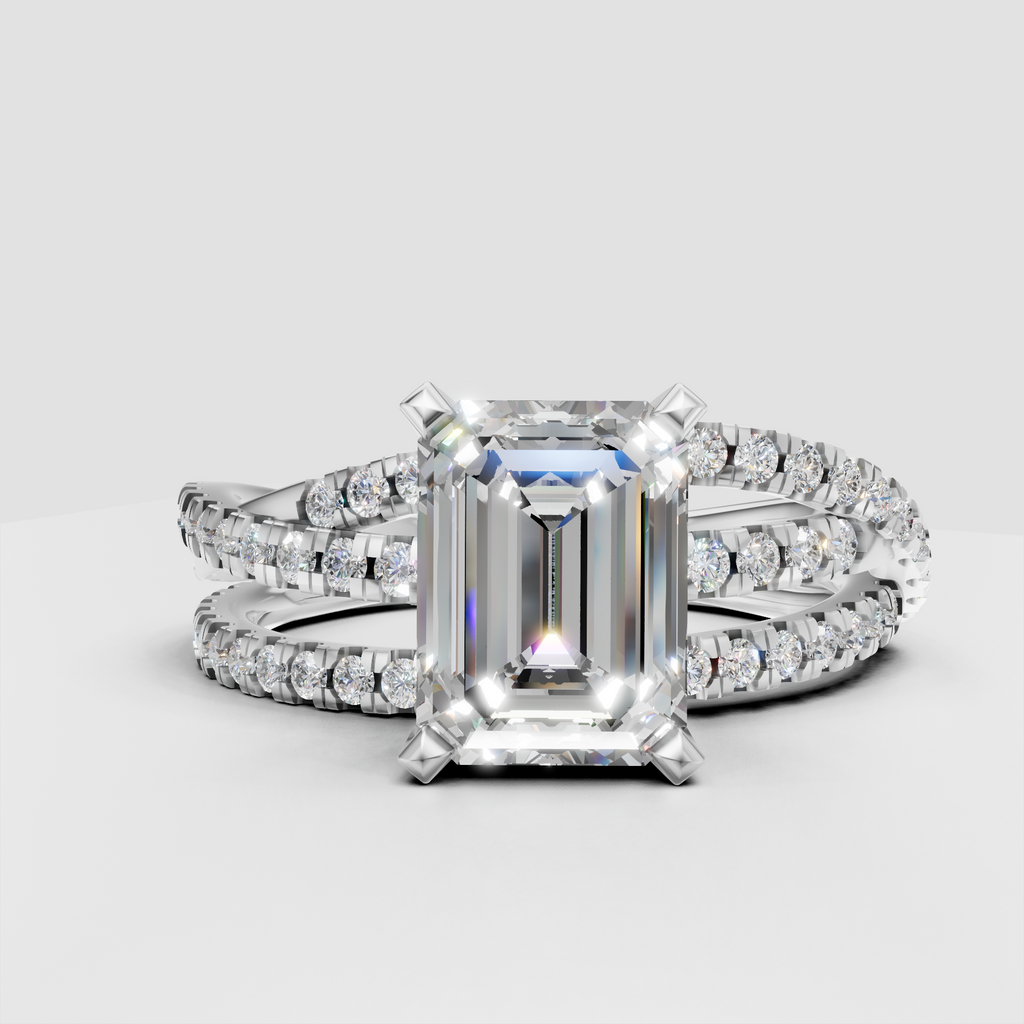 Emerald cut diamond ring with architectural four-prong setting