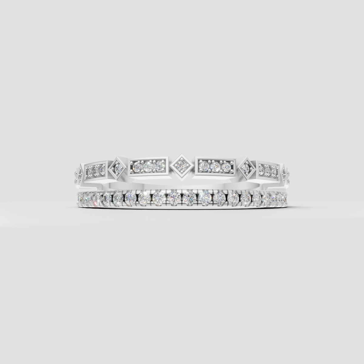 Modern eternity ring with round diamonds and geometric frames