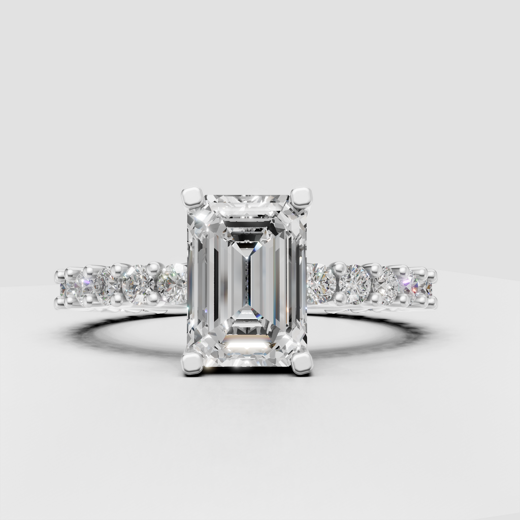 Elegant emerald cut diamond ring with pave shoulders