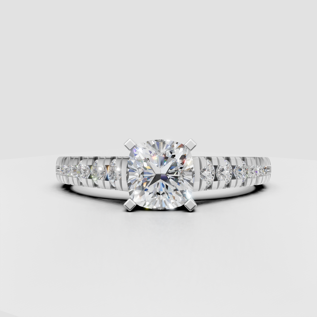 Side view of yellow gold cushion diamond ring with graduated shoulder stones