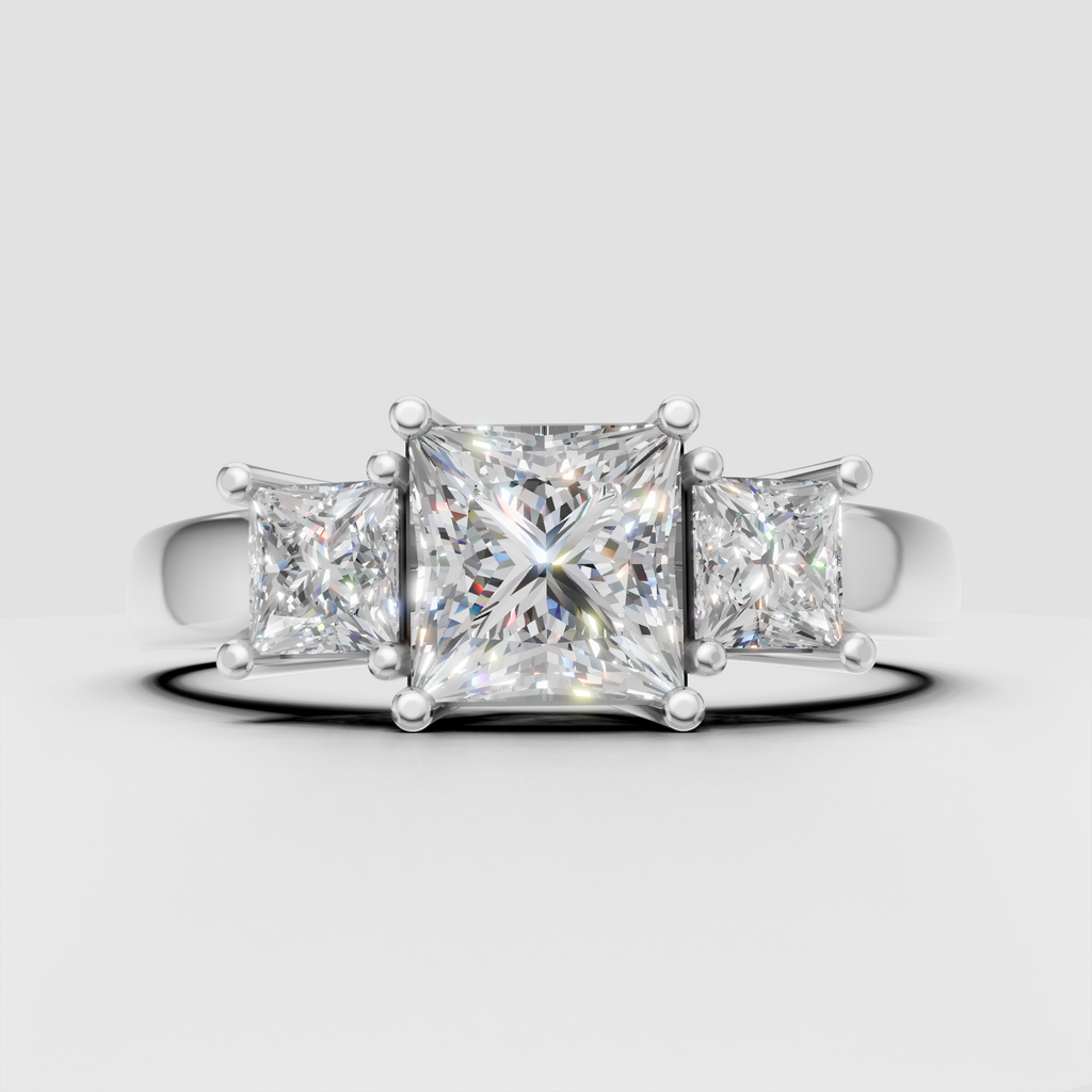Princess diamond three stone ring with sculpted prongs