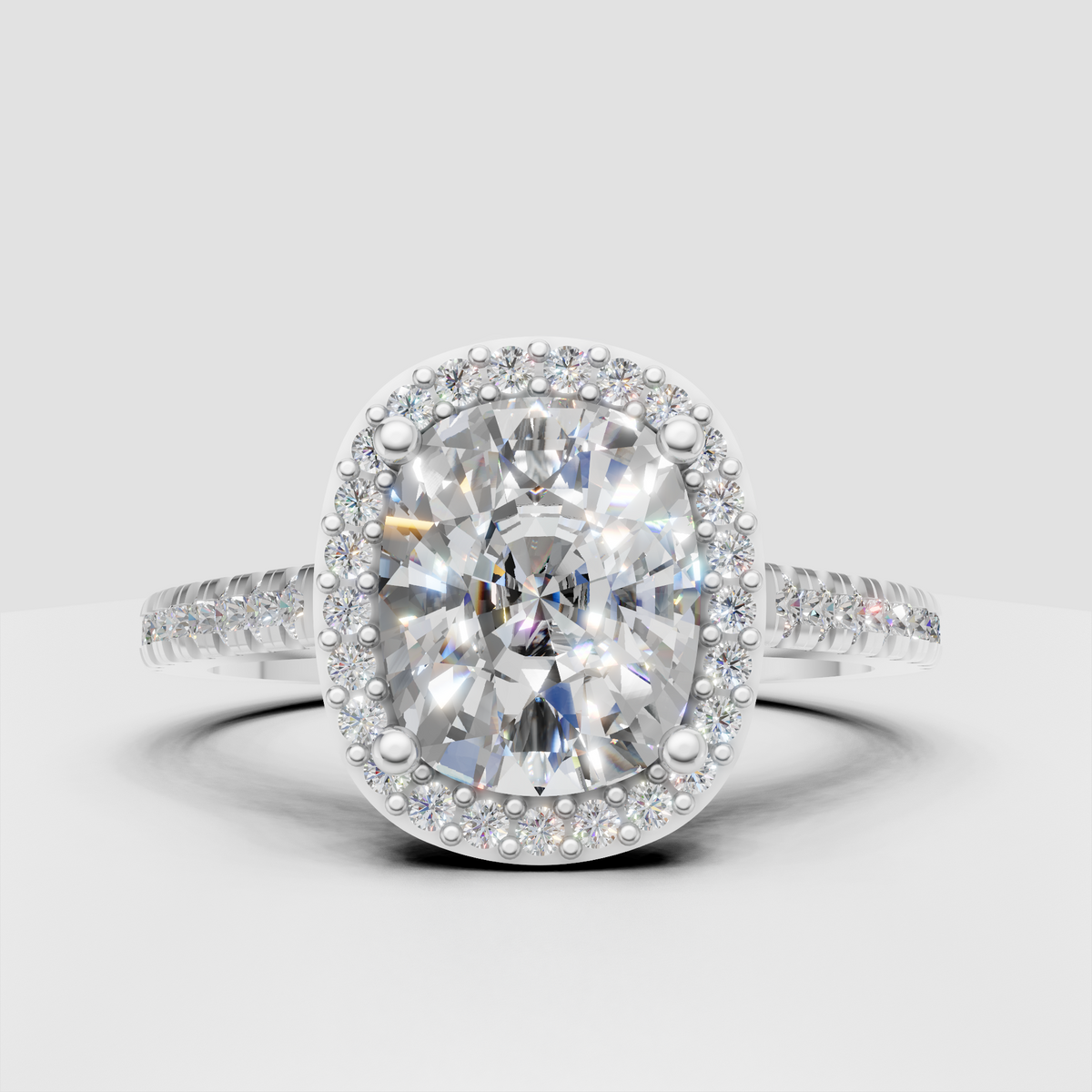 Romantic oval halo engagement ring with diamond pave band