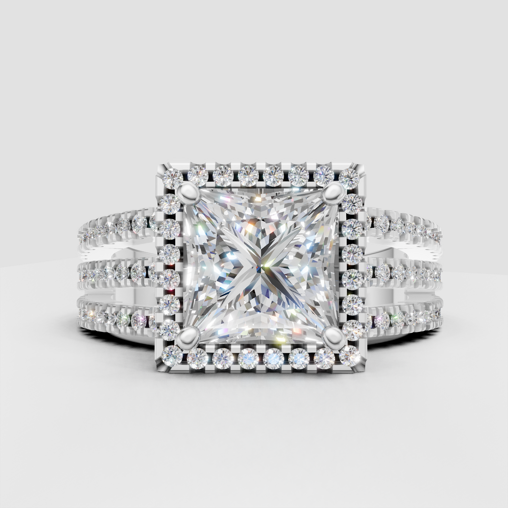 Gold princess cut ring surrounded by accent diamonds