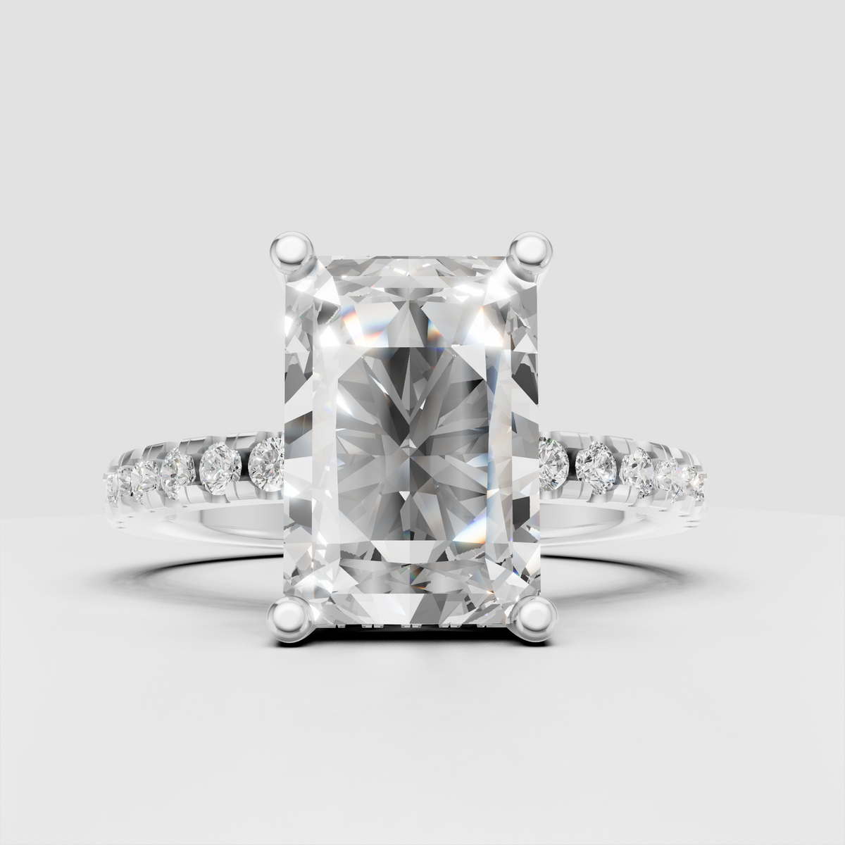 Luxury radiant cut engagement ring with round side diamonds