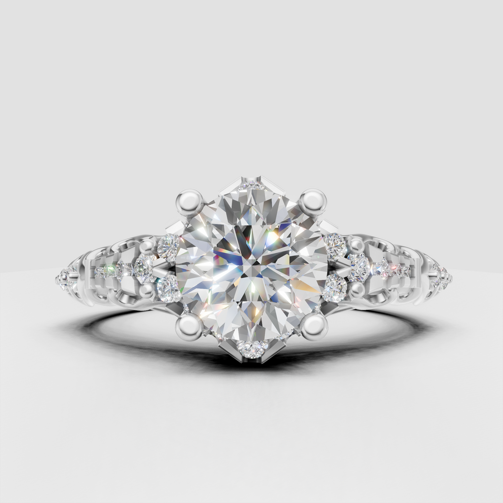 Floral filigree round diamond ring with decorative vintage gallery