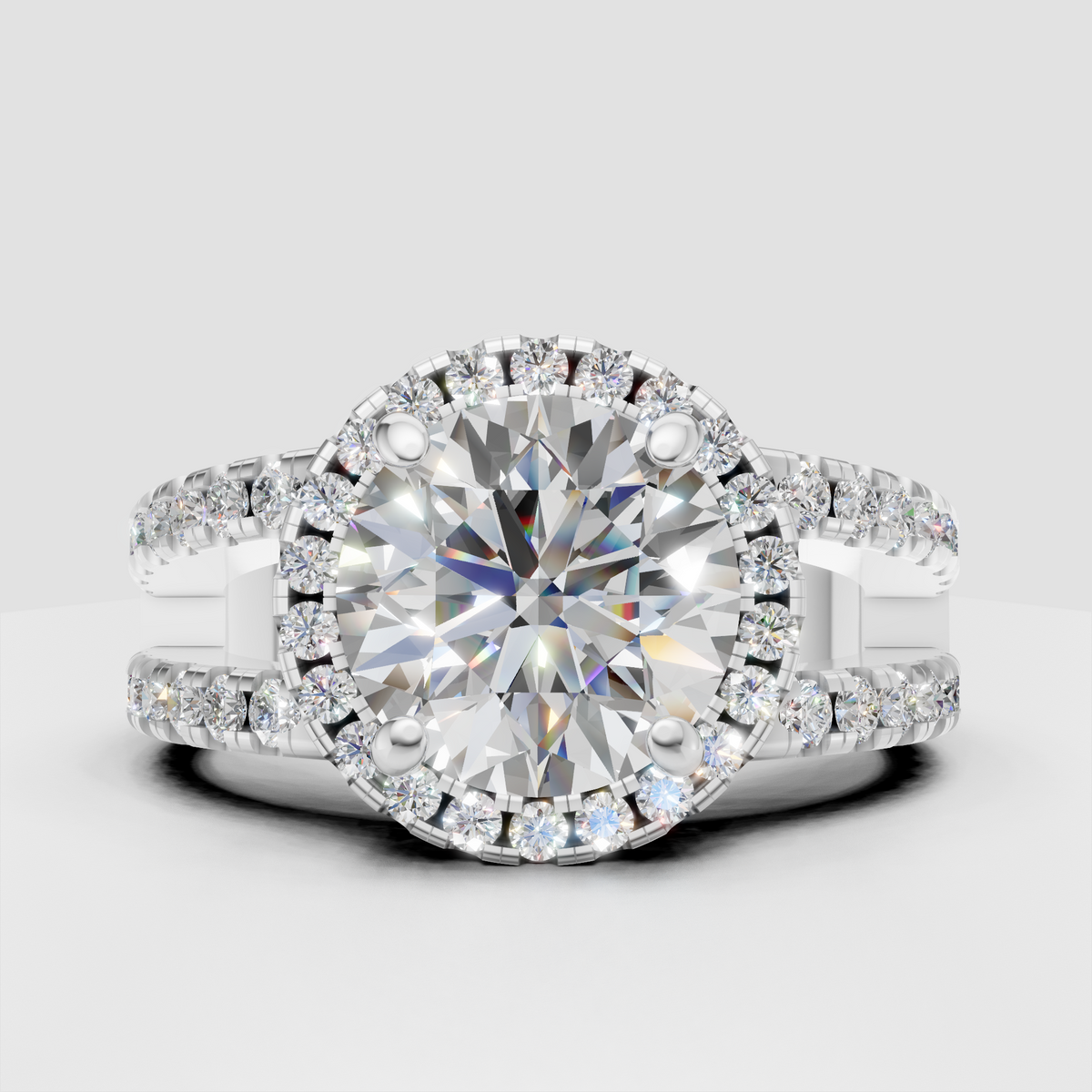 Luxury round diamond engagement ring with split shank design