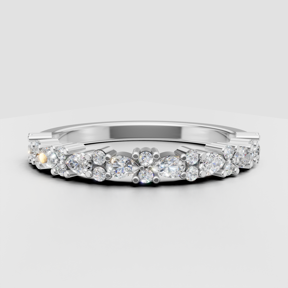 Elegant round and marquise diamond half eternity ring front view