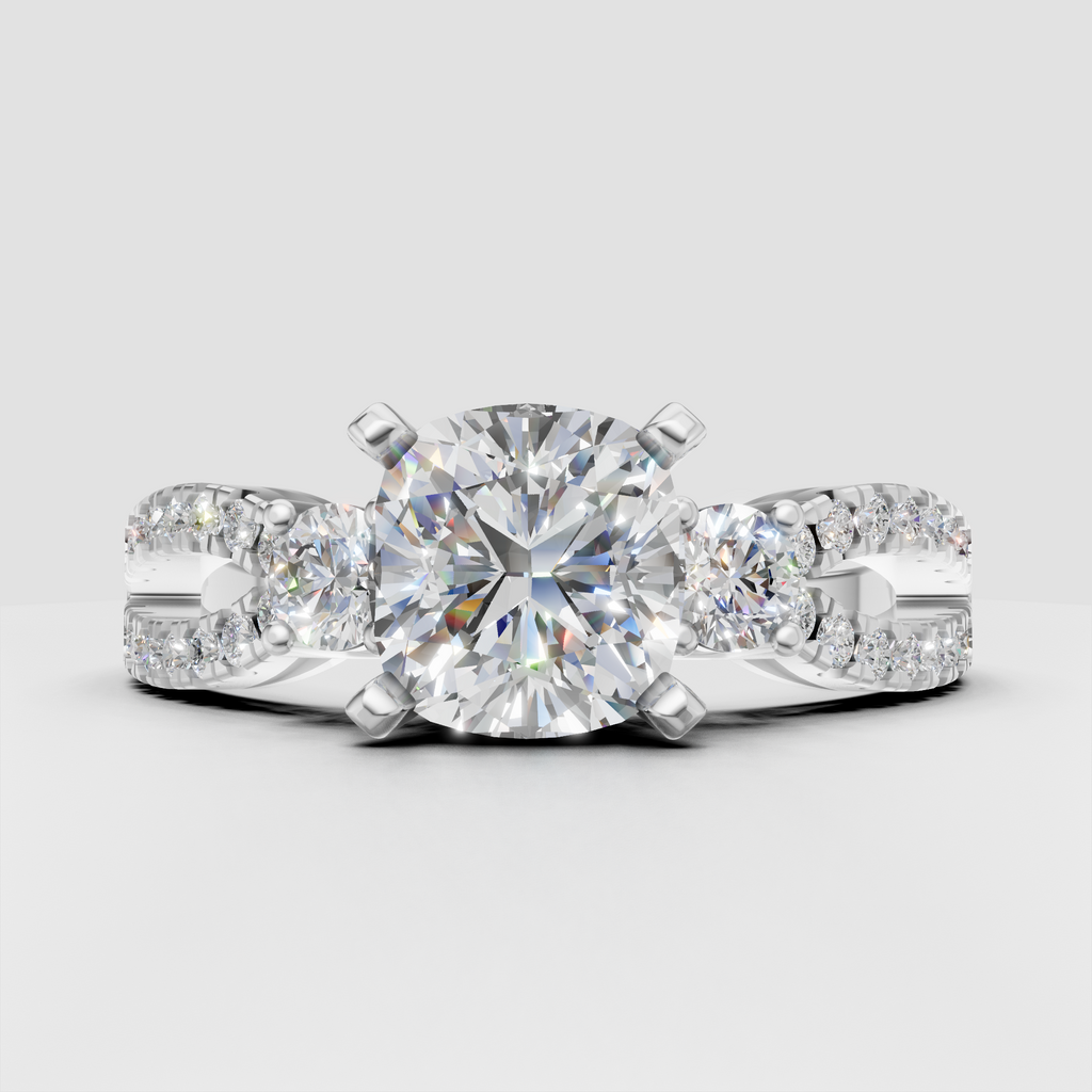 Luxury cushion three-stone engagement ring with sparkling pave diamonds