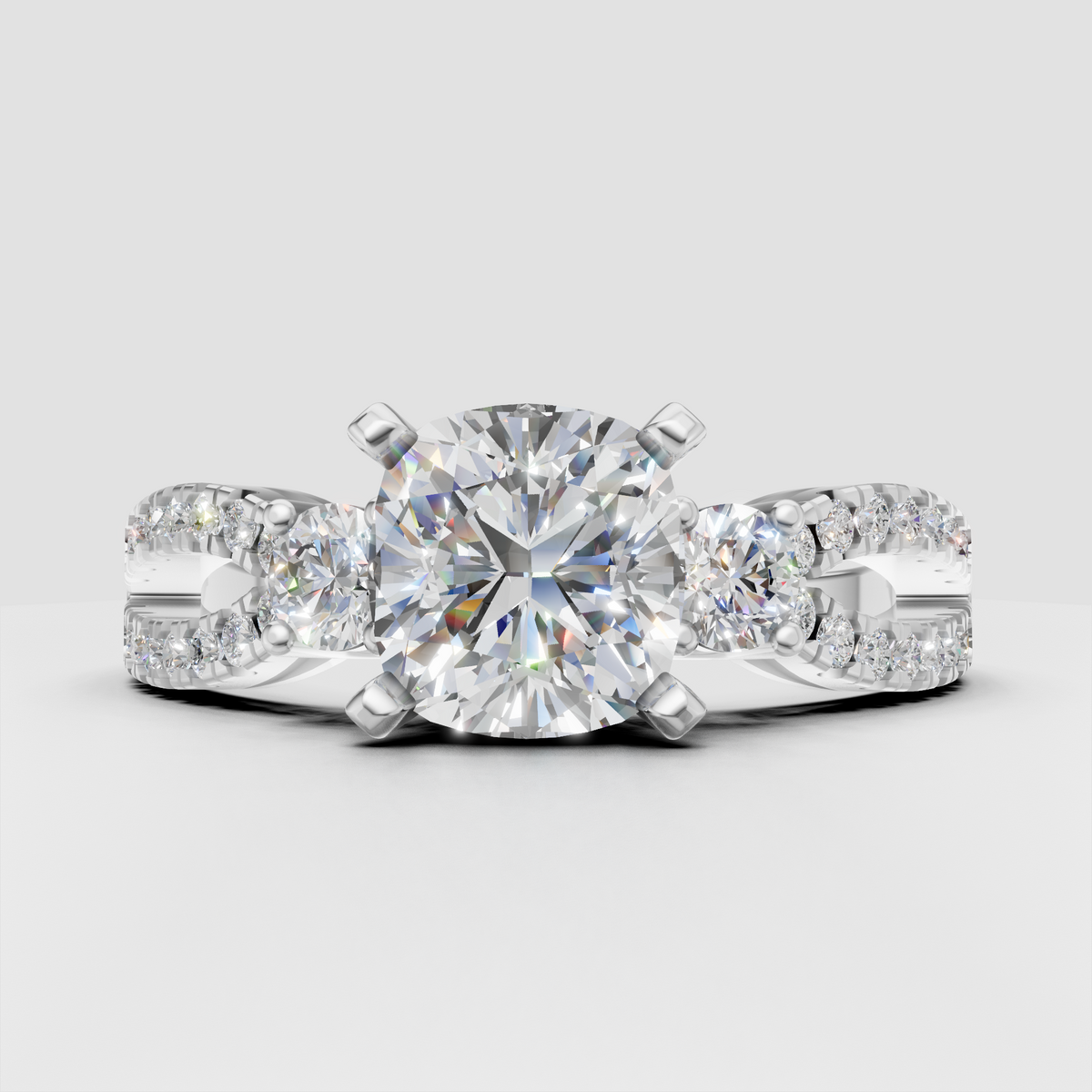 Luxury cushion three-stone engagement ring with sparkling pave diamonds