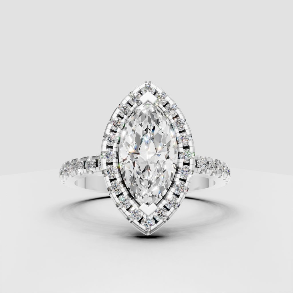 Front-facing marquise halo ring featuring a brilliant elongated center stone.
