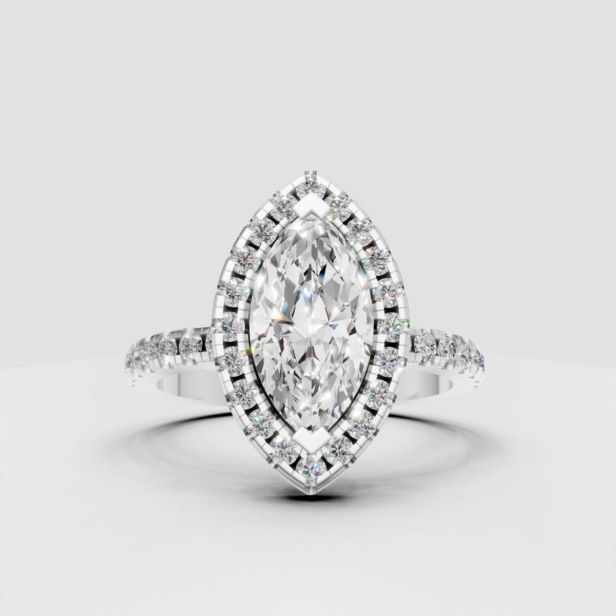 Front-facing marquise halo ring featuring a brilliant elongated center stone.