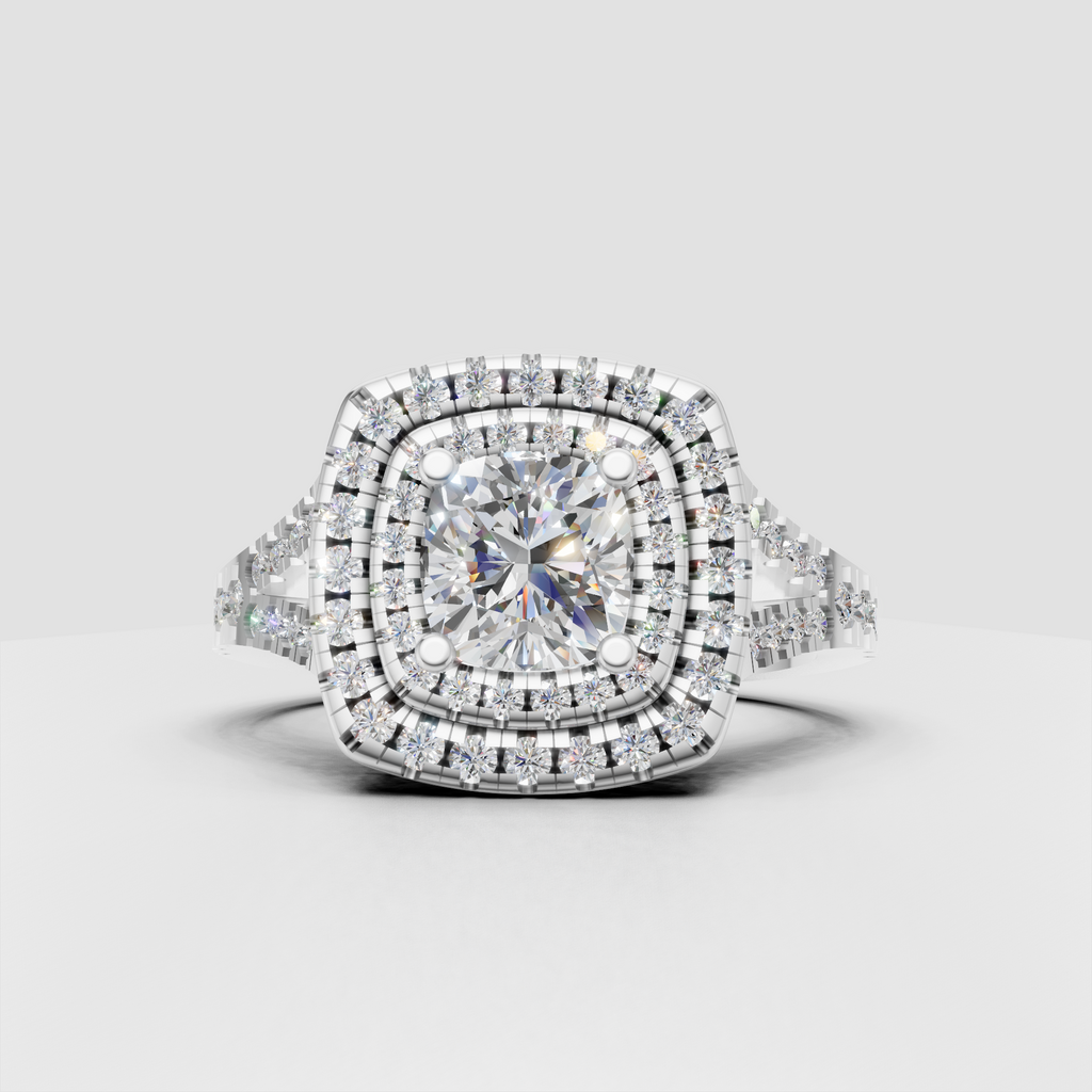 Cushion cut canter diamond with round diamond triple halo
