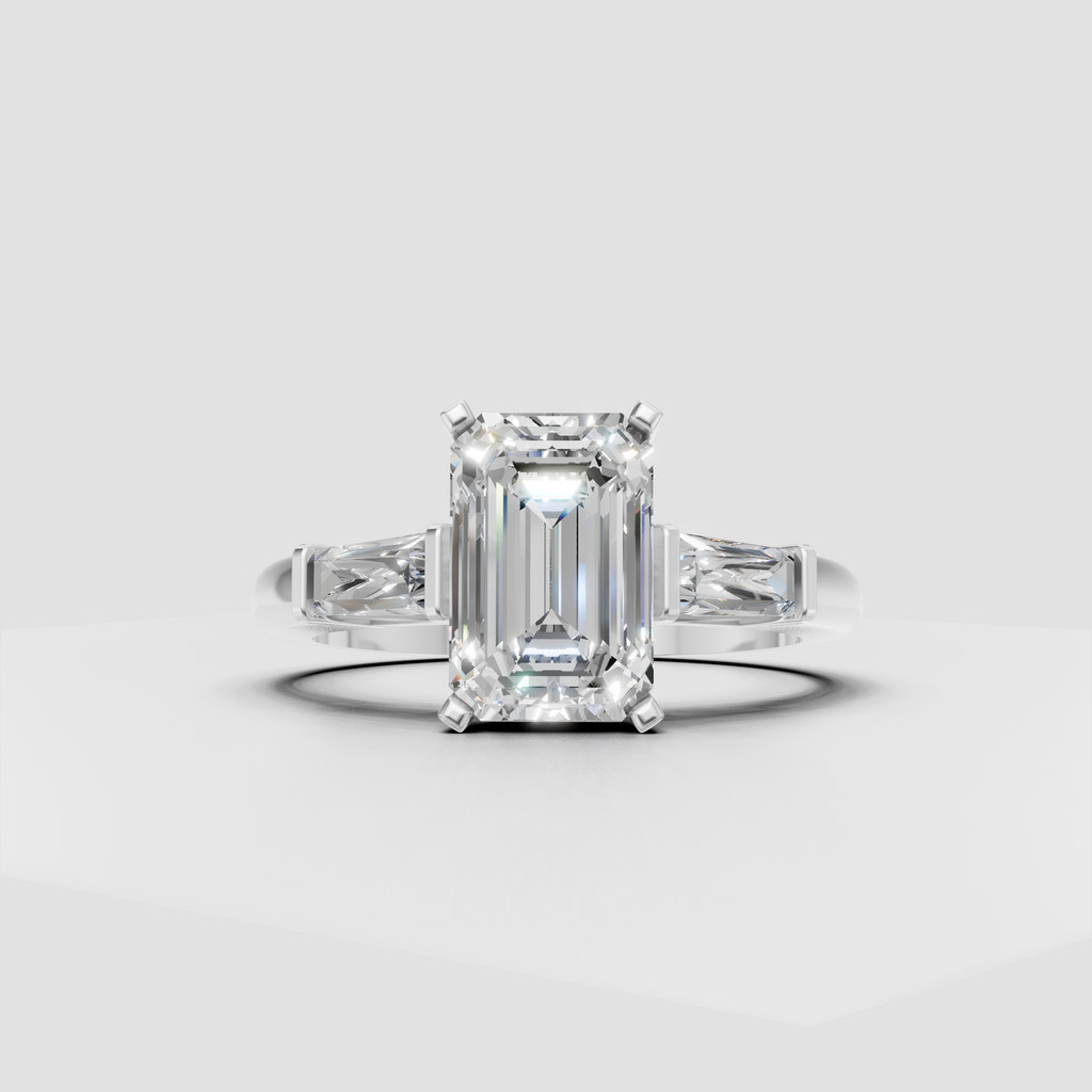 Modern yellow gold emerald cut diamond engagement ring front view